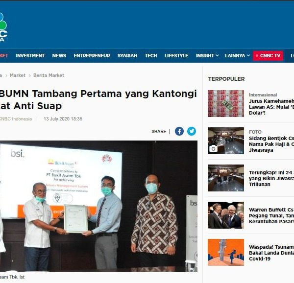 PT Bukit Asam Tbk Tersertifikasi Sistem Manajemen Anti Penyuapan ISO 37001:2016