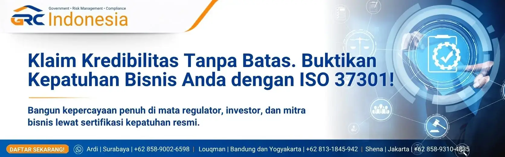 Ilustrasi Pelatihan dan Sertifikasi Compliance System Management ISO 37301 GRC Indonesia, menampilkan logo ISO 37301 dan peta lokasi training di Jakarta, Bandung, Yogyakarta, dan Surabaya.