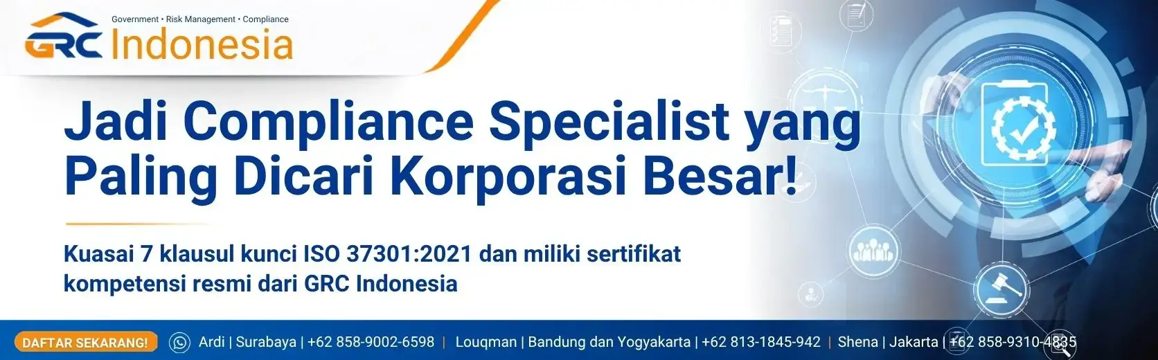 Ilustrasi Pelatihan dan Sertifikasi Compliance System Management ISO 37301 GRC Indonesia, menampilkan logo ISO 37301 dan peta lokasi training di Jakarta, Bandung, Yogyakarta, dan Surabaya.