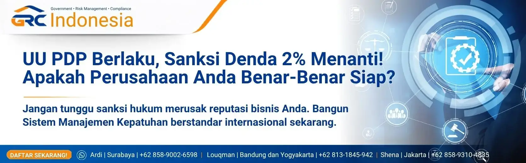 Ilustrasi Pelatihan dan Sertifikasi Compliance System Management ISO 37301 GRC Indonesia, menampilkan logo ISO 37301 dan peta lokasi training di Jakarta, Bandung, Yogyakarta, dan Surabaya.
