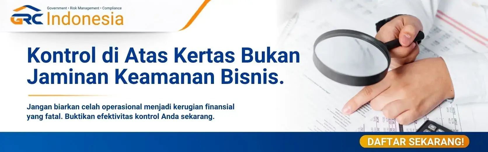Banner pendaftaran Pelatihan Internal Control Testing program New GRC Class dari GRC Indonesia