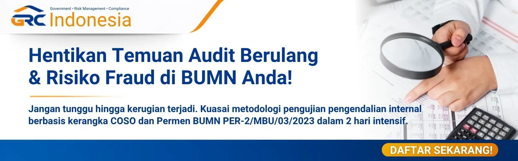 Banner pendaftaran Masterclass Internal Control Testing khusus BUMN dari GRC Indonesia, pelatihan audit internal 2 hari
